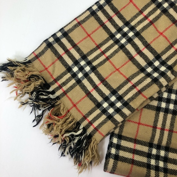 Vintage Burberry’s London Nova Check Plaid Tan Wool Fringe Scarf - Picture 6 of 16